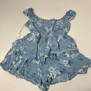 Rue21 Medium Blue White Floral Print Ruffle Romper One Piece